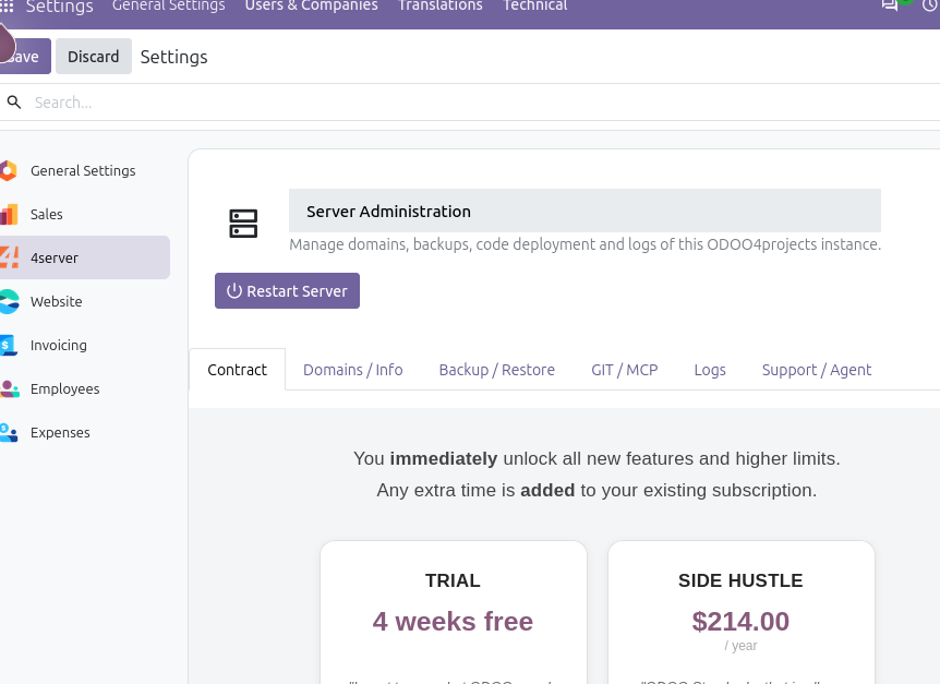 The ODOO4projects management console: applications, users, modules, contacts, domain routing and backups in one panel.