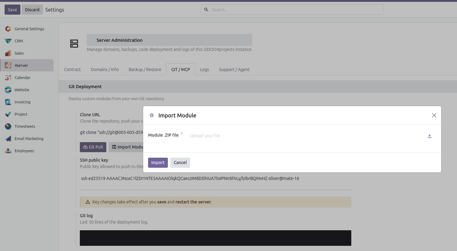 Settings -> 4server -> GIT/MCP, with the Import Module dialog open: choose the Module .ZIP file, then click Import.